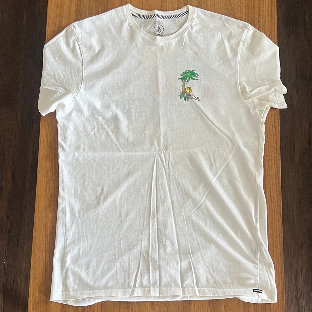 Volcom White Short Sleeve Tee with Palm and Sun Chest Graphic